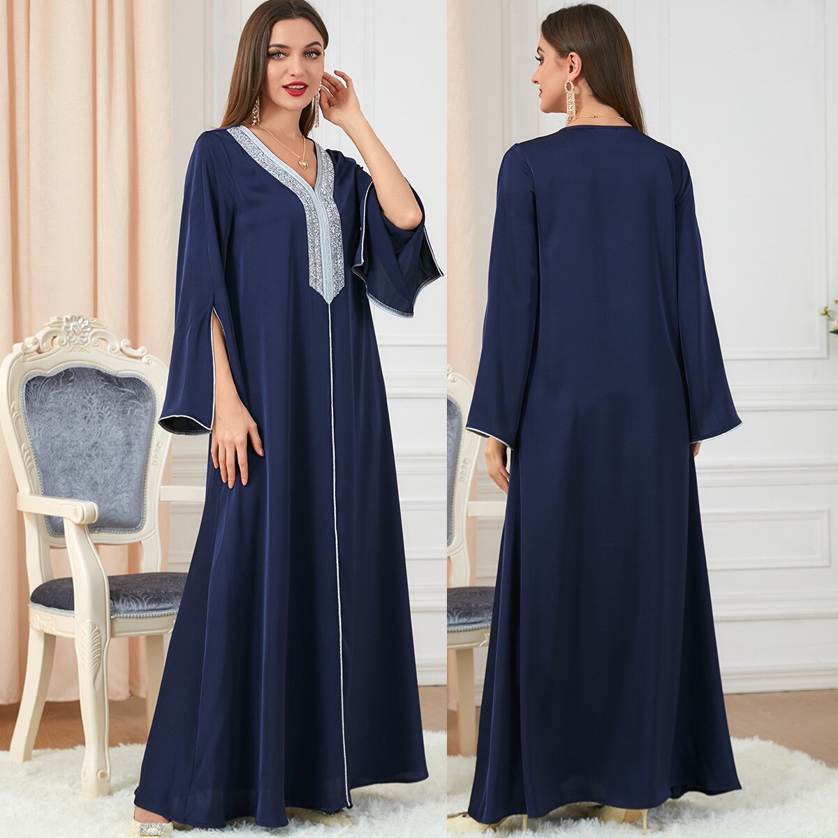 BerryBetty - Party Dress Muslim Women Abaya Prayer Caftan V Neck Diamond Maxi Dresses Robe India Abayas Dubai Longue Vestidos Largos