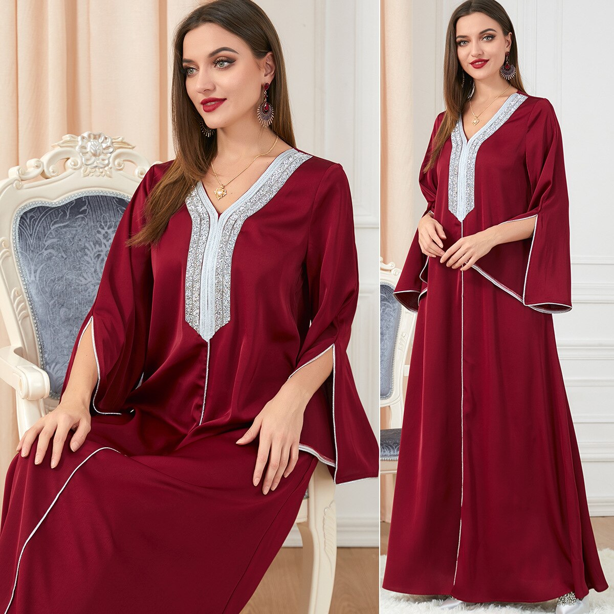 BerryBetty - Party Dress Muslim Women Abaya Prayer Caftan V Neck Diamond Maxi Dresses Robe India Abayas Dubai Longue Vestidos Largos