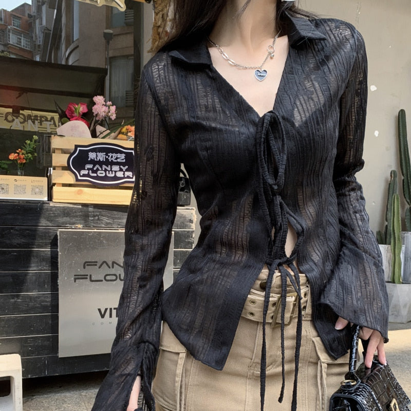 BerryBetty - Sexy Transparent Blouse Women Lace Korean Fashion Harajuku Long Sleeve See Through Black Goth Slim Shirts Y2k Aesthetic