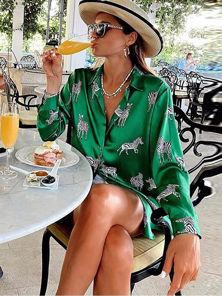 BerryBetty - women satin blouse long sleeve zebra print shirts vintage office ladies tops femme chandails fashion blusa de mujer Chandails