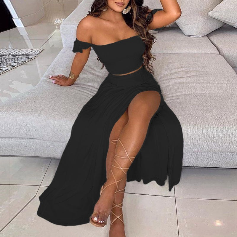 BerryBetty - Off Shoulder Women Two Piece Set Sexy Slash Neck Top and Slit Summer Long Party Dress Suits Spring Floral Print Skirts Sets