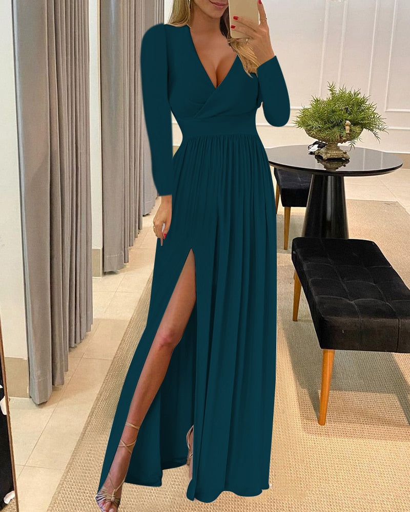 BerryBetty - Sexy Long Evening Dress Elegant Dress For Women V-neck Side Split Party Dresses Female Summer Fashion Casual Club Ladies Clothes