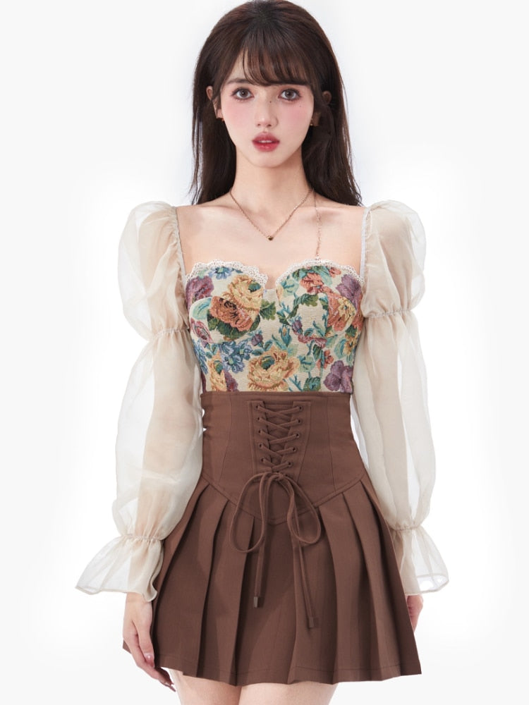 BerryBetty - Vintage Corset Tops + Mini Skirts 2 Piece Dress Set Women Elegant Blouse Y2k Crop Top Evening Party Fashion Suits Summer