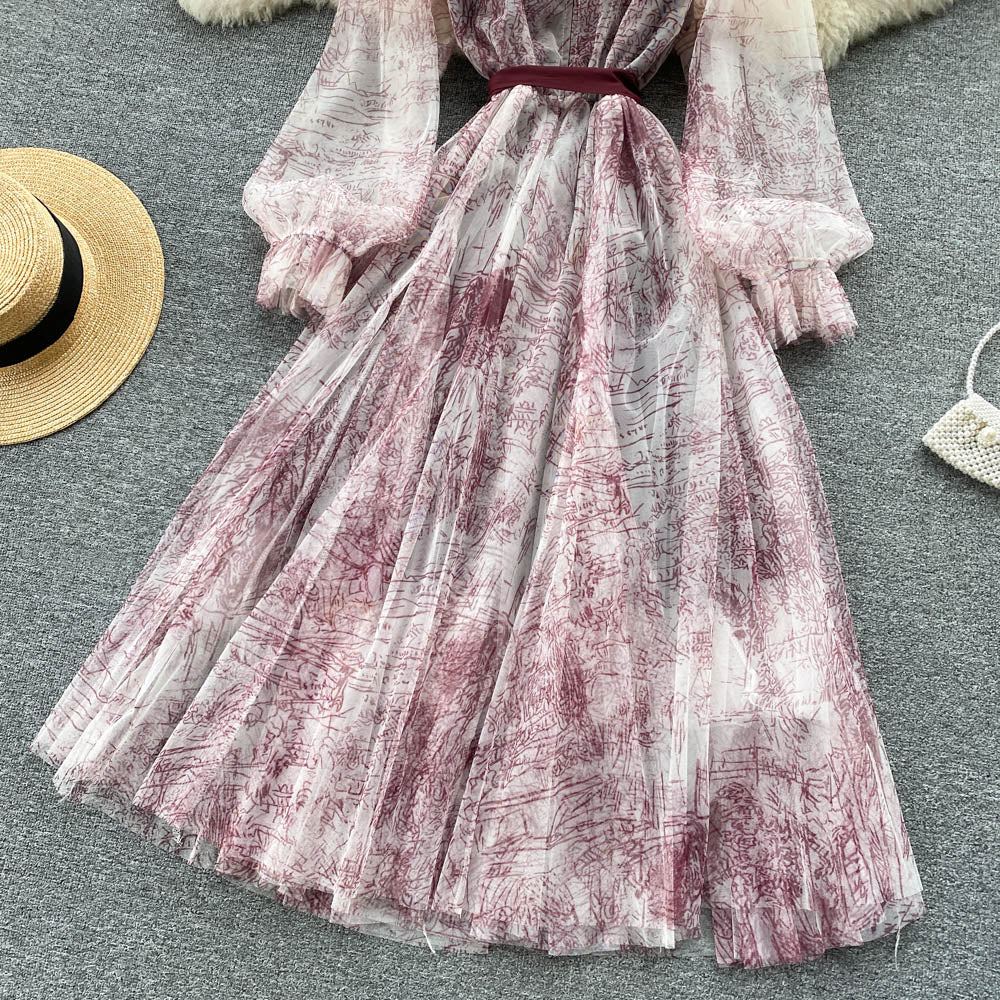 BerryBetty - Elegant Women Mesh Dress Vintage Lantern Sleeves Printed Party Dresses Spring Summer Patchwork A Line Bandage Beach Dress