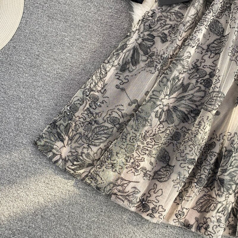 BerryBetty - Elegant Mesh Knitted Stitching Dress Women Vintage Puff Sleeve Round Neck A Line Party Dresses Ladies Bandage Printing Dress