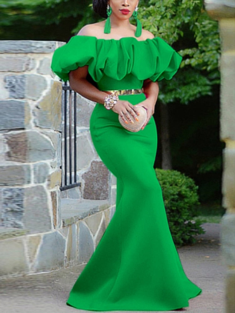 BerryBetty - Women Long Party Dresses Mermaid Slim Christmas Bare Shoulder Puffy Bright Green Big Size Wedding Evening Occasions Gowns Robes