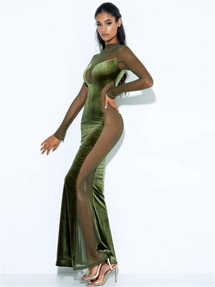 BerryBetty - Womens Fall Fashion Mesh Patchwork O Neck Long Sleeve Maxi Dress Women Autumn Winter Elegant Sexy See Through Party Dresses Club Outfits