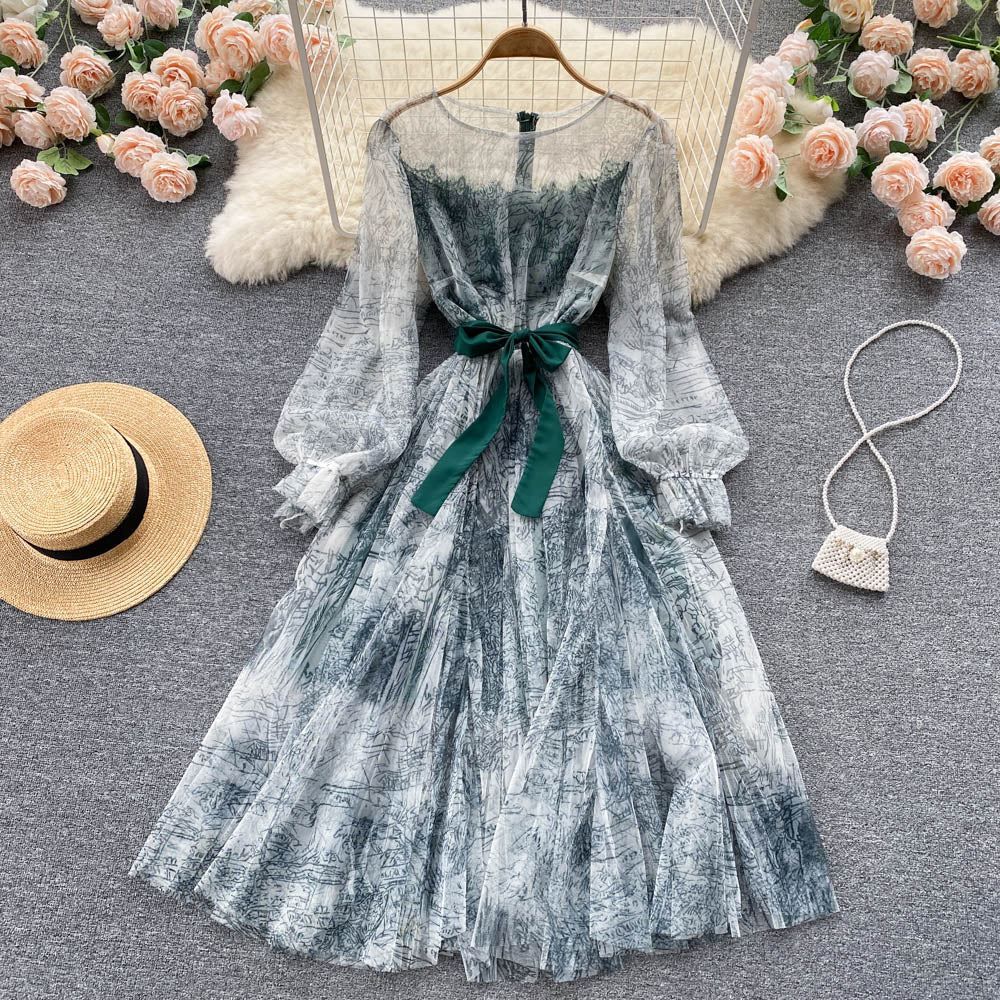 BerryBetty - Elegant Women Mesh Dress Vintage Lantern Sleeves Printed Party Dresses Spring Summer Patchwork A Line Bandage Beach Dress