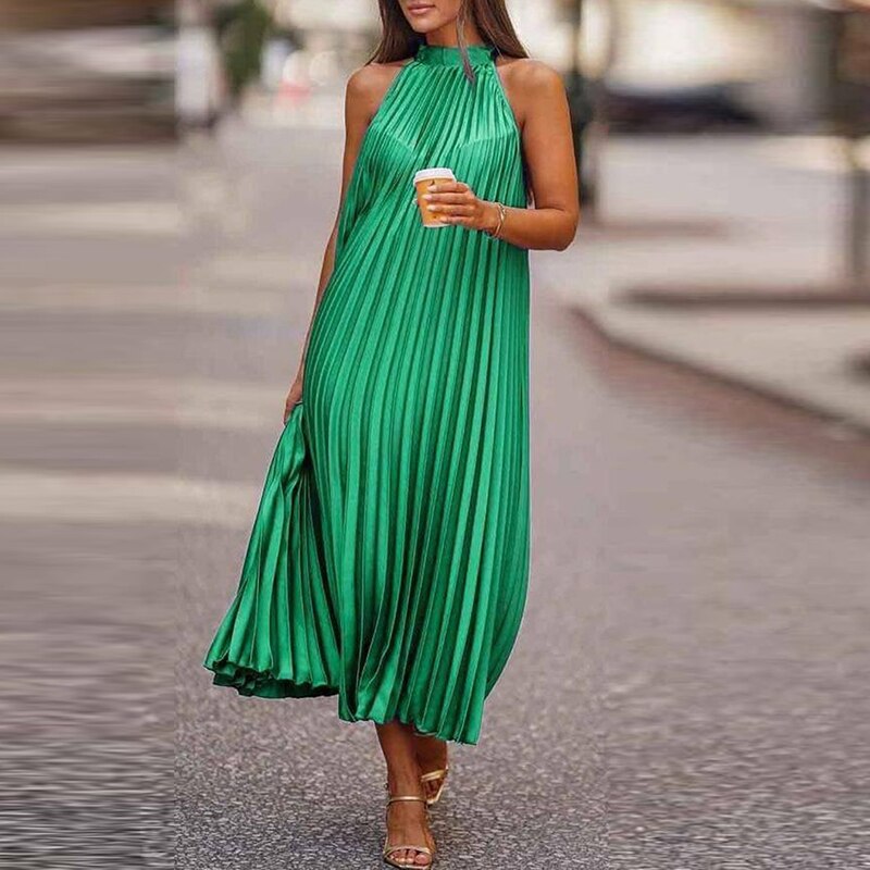 BerryBetty - 2024 Fashion Women O Neck Long Dress Spring/Summer Casual Sleeveless Boho Pleated Dresses Lady Elegant Loose Beach Party Dresses