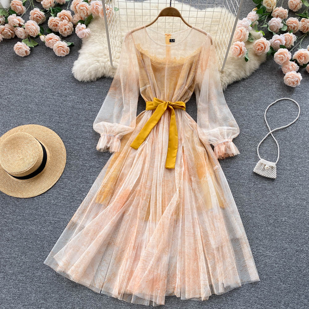 BerryBetty - Elegant Women Mesh Dress Vintage Lantern Sleeves Printed Party Dresses Spring Summer Patchwork A Line Bandage Beach Dress