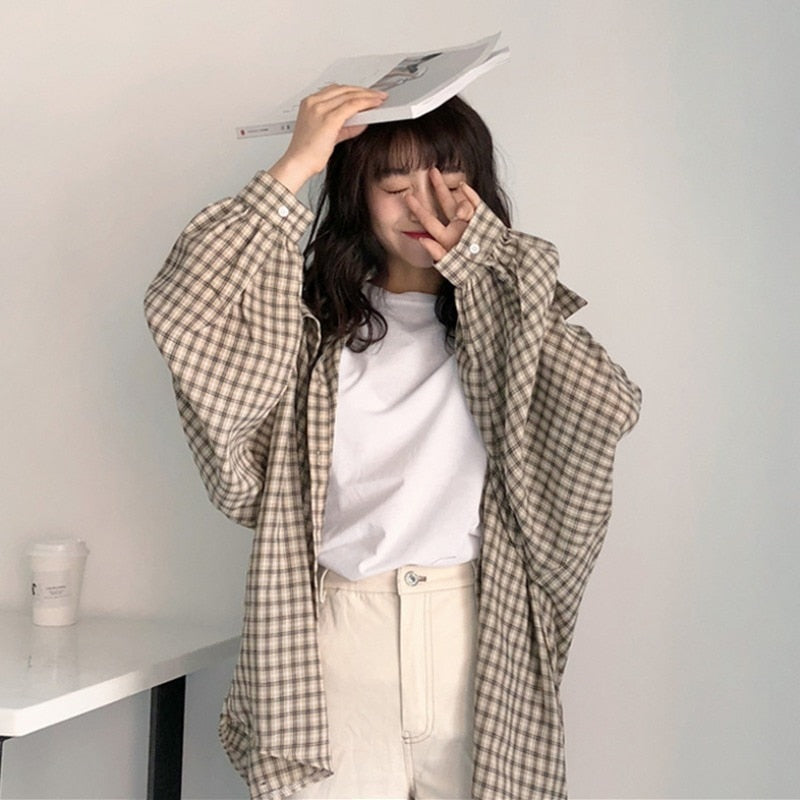 BerryBetty - Single Breasted Loose Plaid Shirt