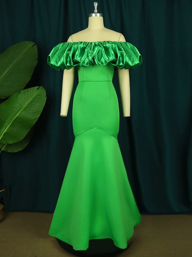 BerryBetty - Women Long Party Dresses Mermaid Slim Christmas Bare Shoulder Puffy Bright Green Big Size Wedding Evening Occasions Gowns Robes