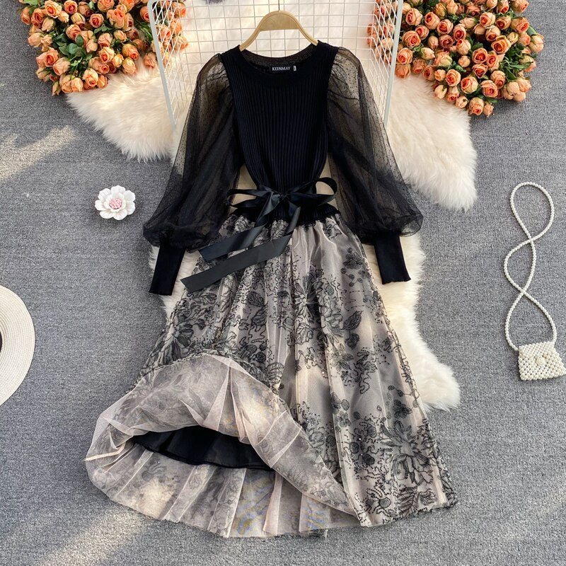 BerryBetty - Elegant Mesh Knitted Stitching Dress Women Vintage Puff Sleeve Round Neck A Line Party Dresses Ladies Bandage Printing Dress