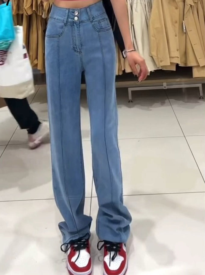 BerryBetty - Vintage Jeans for Women 2024 New High Waisted Korean Fashion 2 Button Slim Straight Jeans Streetwear Chic Casual Jeans