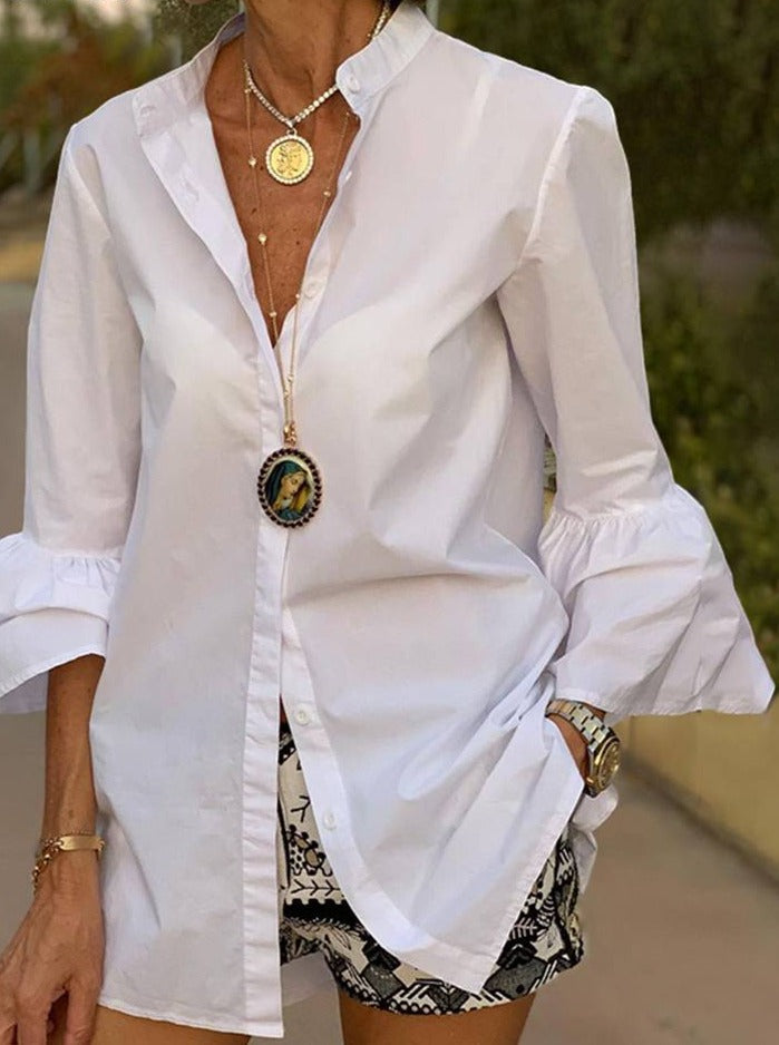 BerryBetty - White Shirts Summer Women Solid Flare Sleeve Shirts Spring Blouse Sexy V Neck Button Up Office Shirt Femininas Blusas