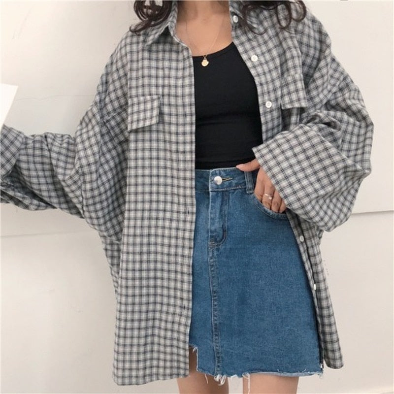 BerryBetty - Single Breasted Loose Plaid Shirt