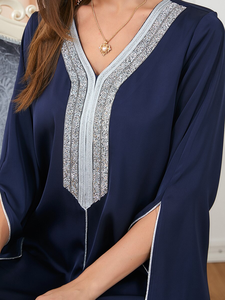 BerryBetty - Party Dress Muslim Women Abaya Prayer Caftan V Neck Diamond Maxi Dresses Robe India Abayas Dubai Longue Vestidos Largos
