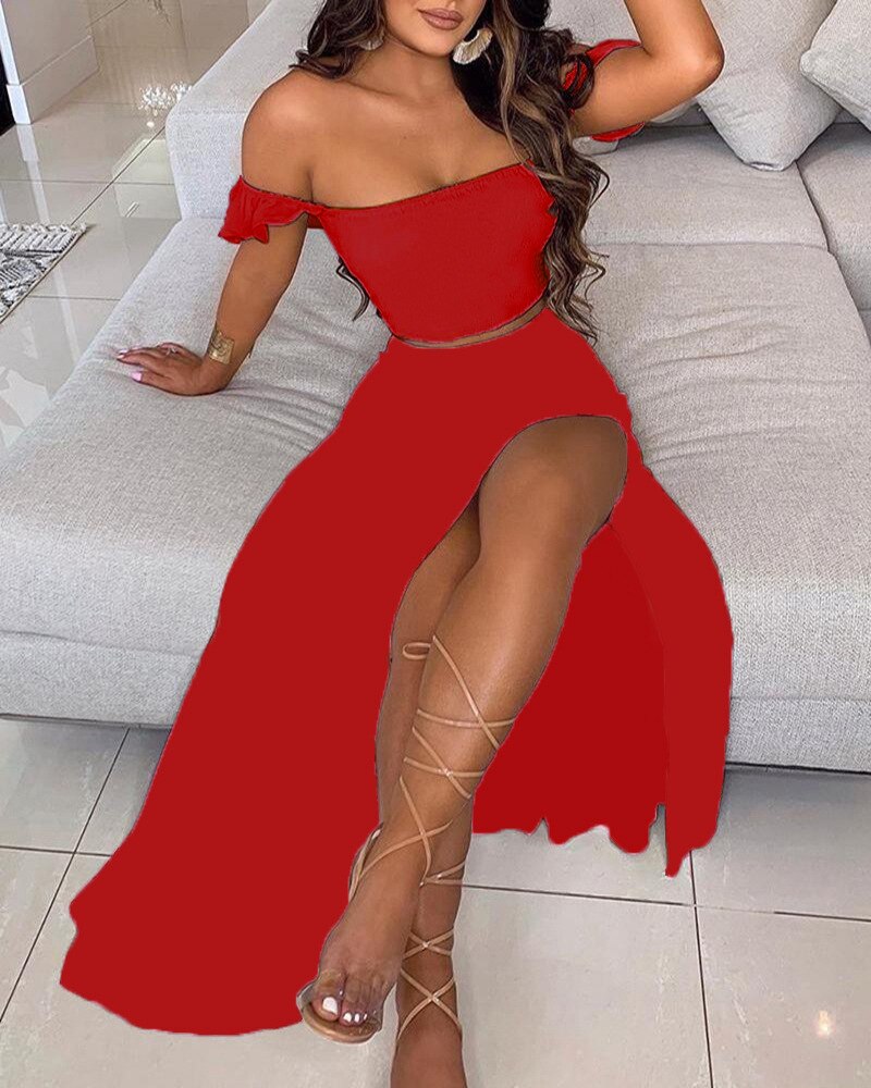 BerryBetty - Off Shoulder Women Two Piece Set Sexy Slash Neck Top and Slit Summer Long Party Dress Suits Spring Floral Print Skirts Sets