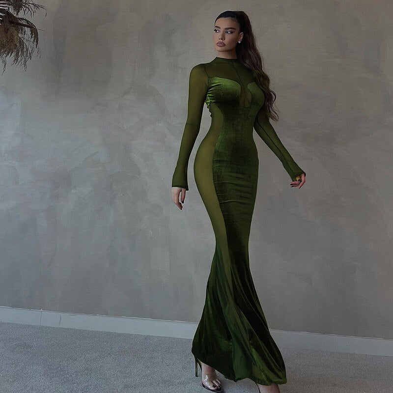 BerryBetty - Womens Fall Fashion Mesh Patchwork O Neck Long Sleeve Maxi Dress Women Autumn Winter Elegant Sexy See Through Party Dresses Club Outfits