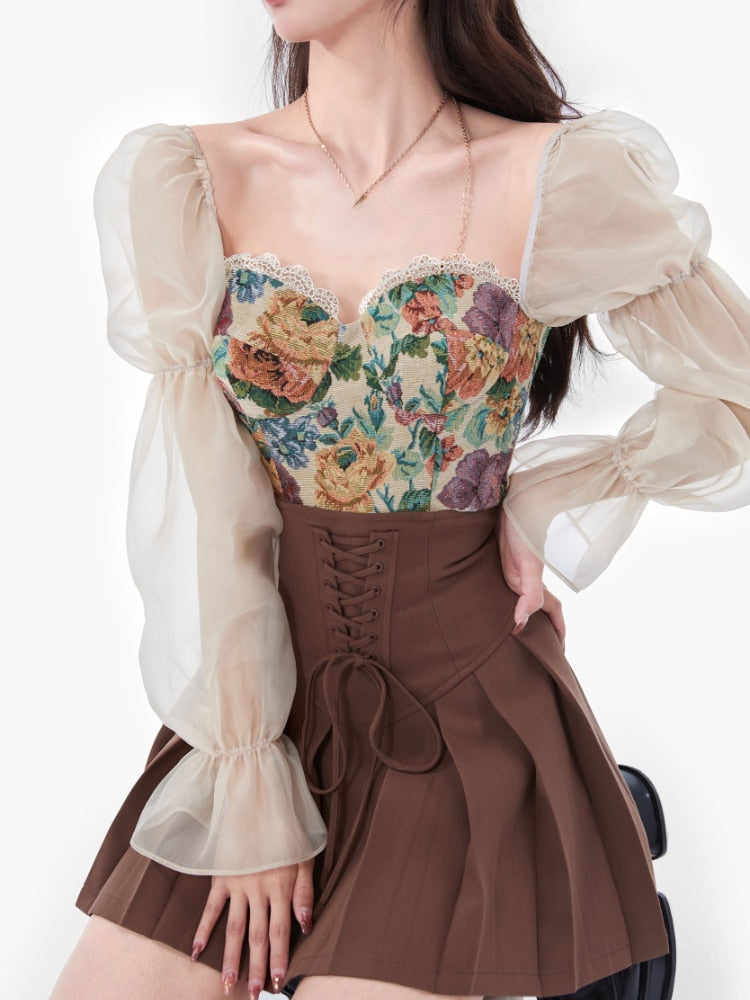 BerryBetty - Vintage Corset Tops + Mini Skirts 2 Piece Dress Set Women Elegant Blouse Y2k Crop Top Evening Party Fashion Suits Summer