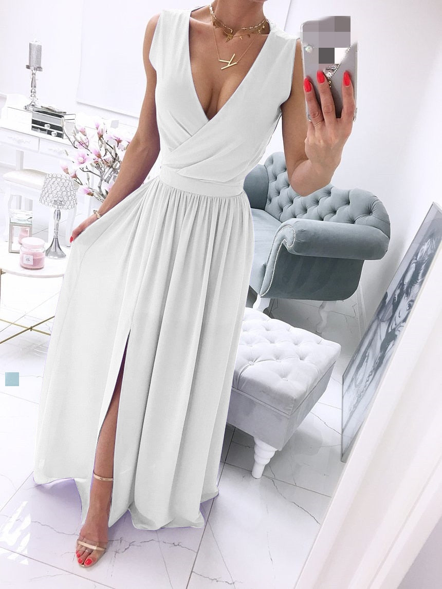 BerryBetty - Sexy Long Evening Dress Elegant Dress For Women V-neck Side Split Party Dresses Female Summer Fashion Casual Club Ladies Clothes