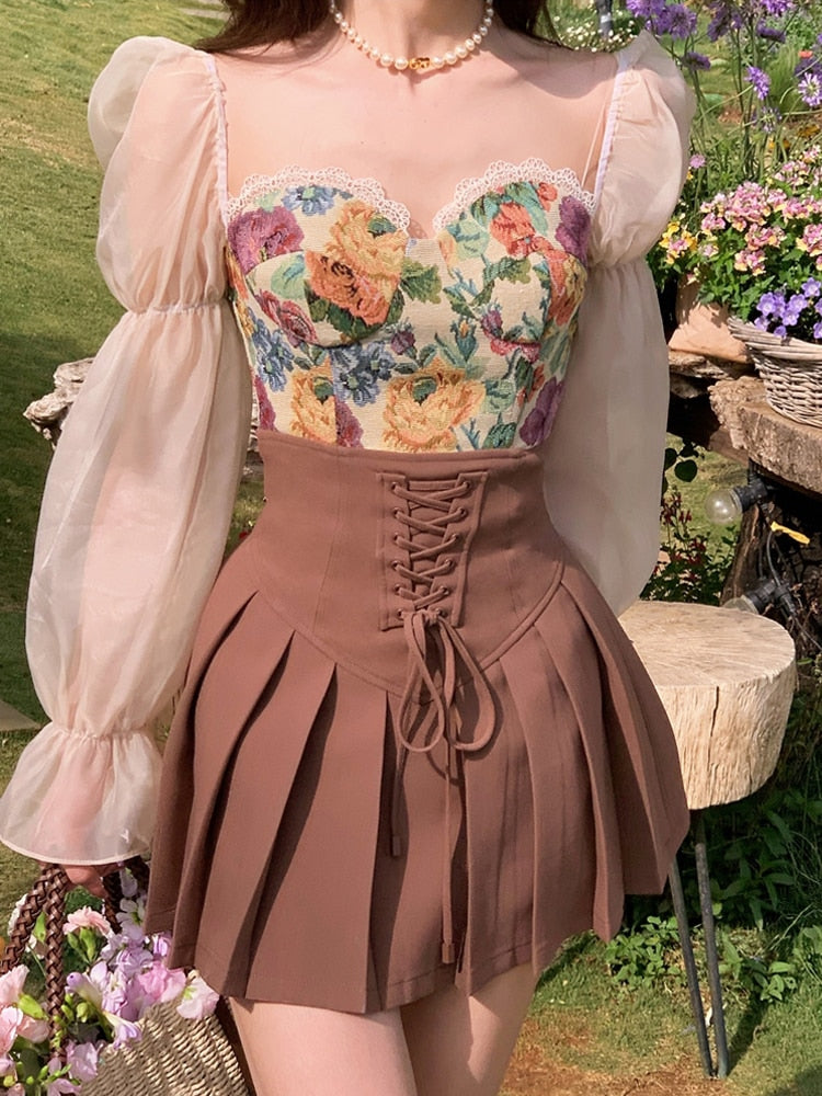 BerryBetty - Vintage Corset Tops + Mini Skirts 2 Piece Dress Set Women Elegant Blouse Y2k Crop Top Evening Party Fashion Suits Summer