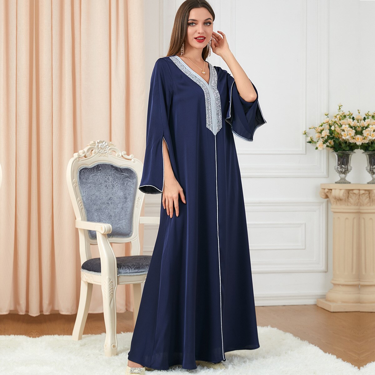 BerryBetty - Party Dress Muslim Women Abaya Prayer Caftan V Neck Diamond Maxi Dresses Robe India Abayas Dubai Longue Vestidos Largos
