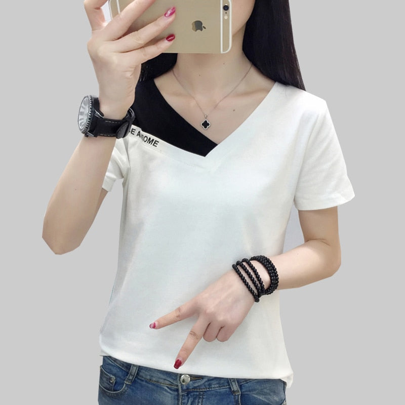 BerryBetty - Fake Two Piece Tops Women T-Shirt Off Shoulder Tshirt Short Sleeve V-Neck Korea Fashion Summer Cotton Tee Shirt Femme