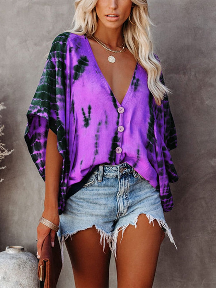 BerryBetty - Summer Fashion Oversized Deep V-neck Women's Shirt Tie Dye Vintage Print Button Batwing Sleeve Top Female Casual Loose Cardigan