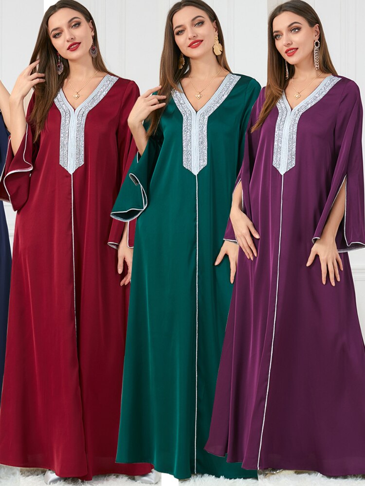 BerryBetty - Party Dress Muslim Women Abaya Prayer Caftan V Neck Diamond Maxi Dresses Robe India Abayas Dubai Longue Vestidos Largos