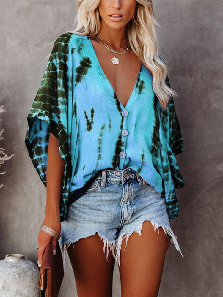 BerryBetty - Summer Fashion Oversized Deep V-neck Women's Shirt Tie Dye Vintage Print Button Batwing Sleeve Top Female Casual Loose Cardigan