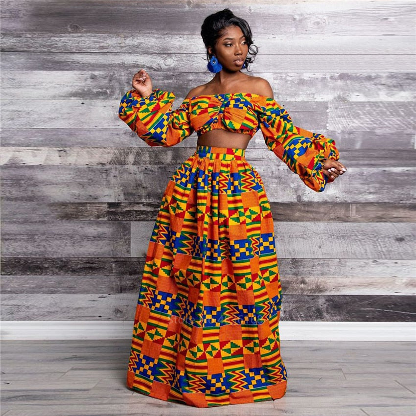 BerryBetty - Elegant Women Two Piece Set Dress Sexy Slash-neck Sleeveless Blouse Top +High Slit Skirt Vintage Africa National Print Lady Suit
