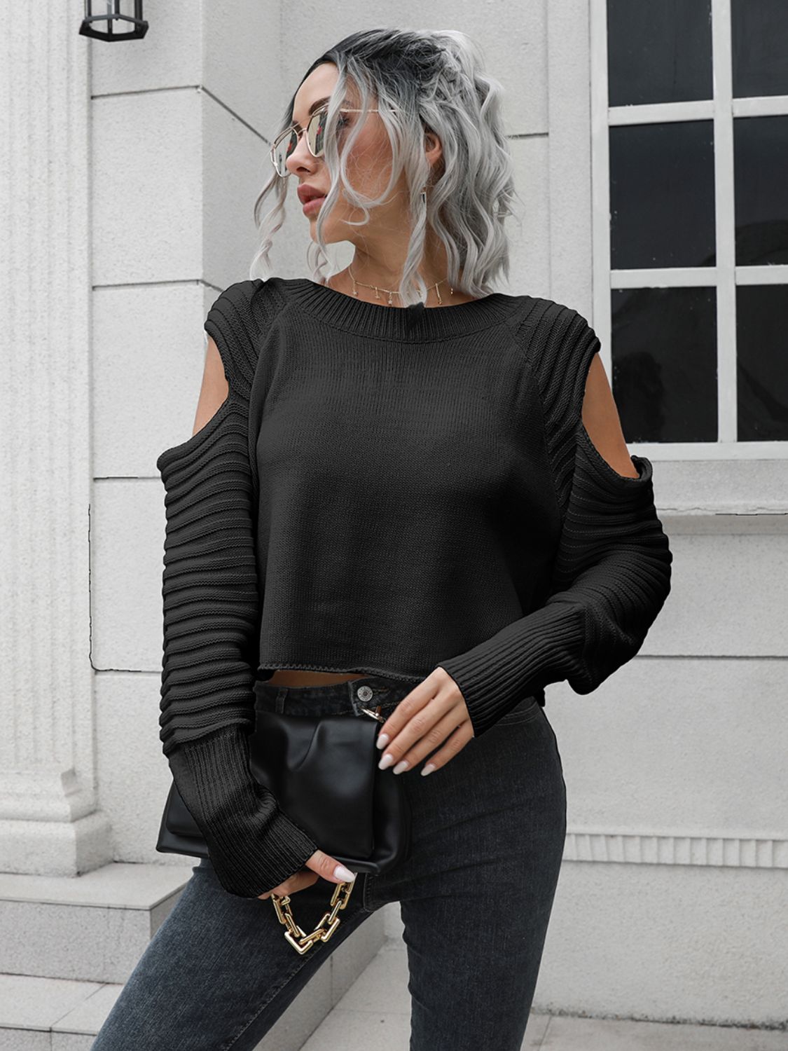 BerryBetty - Cold-Shoulder Ribbed Trim Sweater