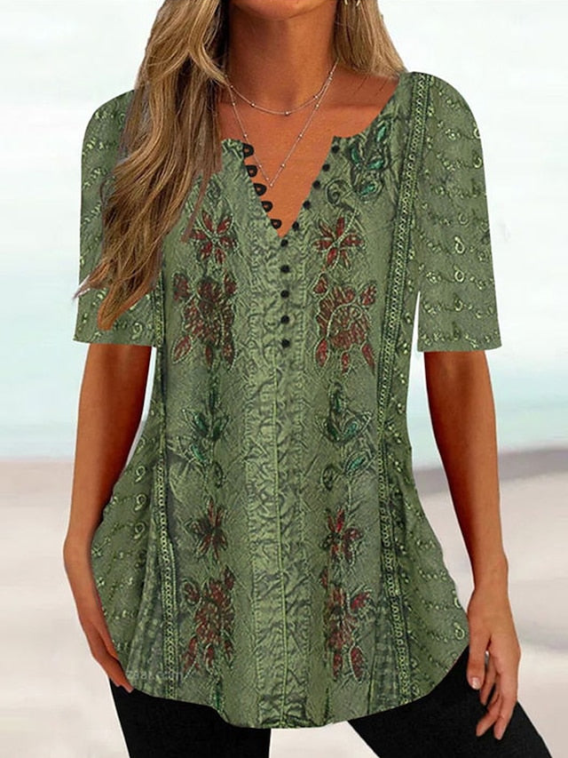 BerryBetty - Women's T shirt Tee Grass Green Light Green Red Floral Button Print Short Sleeve Holiday Weekend Tunic Basic Round Neck Regular Floral Painting S