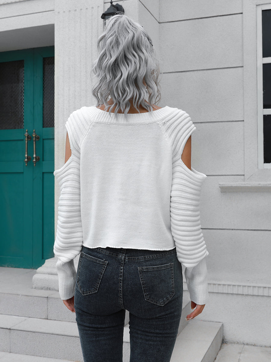 BerryBetty - Cold-Shoulder Ribbed Trim Sweater