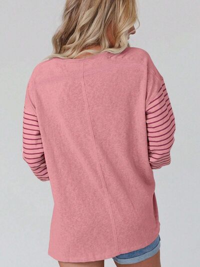 BerryBetty - Round Neck Striped Long Sleeve Slit T-Shirt
