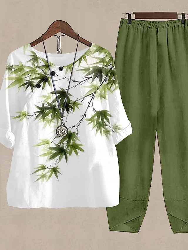 BerryBetty - Women's Shirt Pants Sets Pants Trousers Basic Army Green Blue Holiday Weekend Floral Print Round Neck S M L XL 2XL