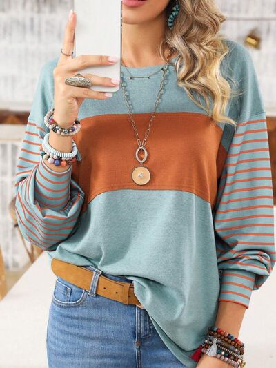 Round Neck Striped Long Sleeve Slit T-Shirt Turquoise A@X@E clothes long sleeve shirt long sleeve shirts long sleeve top long sleeve tops Ship From Overseas shirt shirts