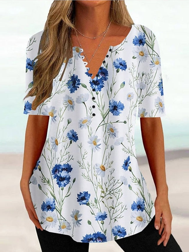 BerryBetty - Women's T shirt Tee Grass Green Light Green Red Floral Button Print Short Sleeve Holiday Weekend Tunic Basic Round Neck Regular Floral Painting S