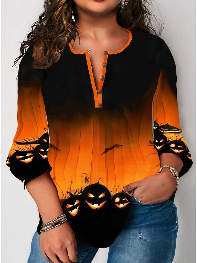 BerryBetty - Women's Shirt Blouse Halloween Shirt Yellow Blue Purple Pumpkin Print 3/4 Length Sleeve Halloween Daily Streetwear Crew Neck Regular Fit Fall Winter