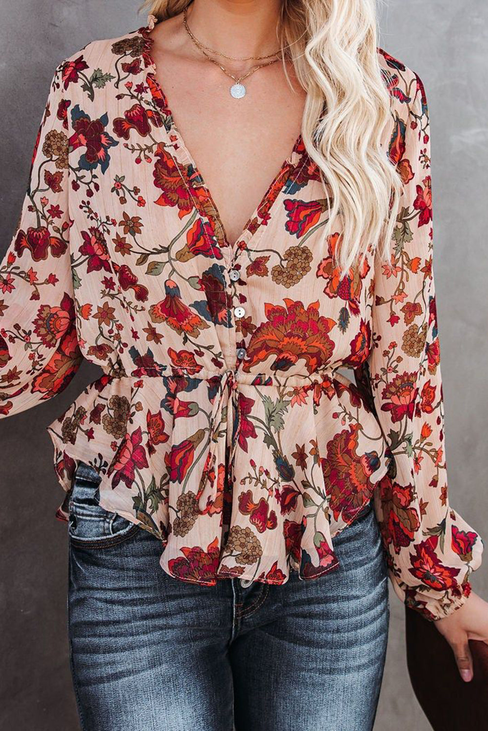 BerryBetty - Multicolour Floral Frilled V Neck Drawstring Peplum Blouse