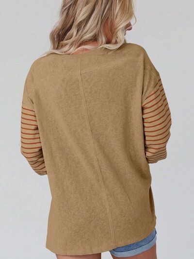 BerryBetty - Round Neck Striped Long Sleeve Slit T-Shirt
