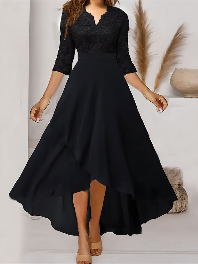 BerryBetty - Women‘s Formal Party Dress Maxi long Dress Navy Blue 3/4 Length Sleeve Print Pure Color Ruched Lace Fall Winter V Neck Elegant Fashion Modern 2024 3XL