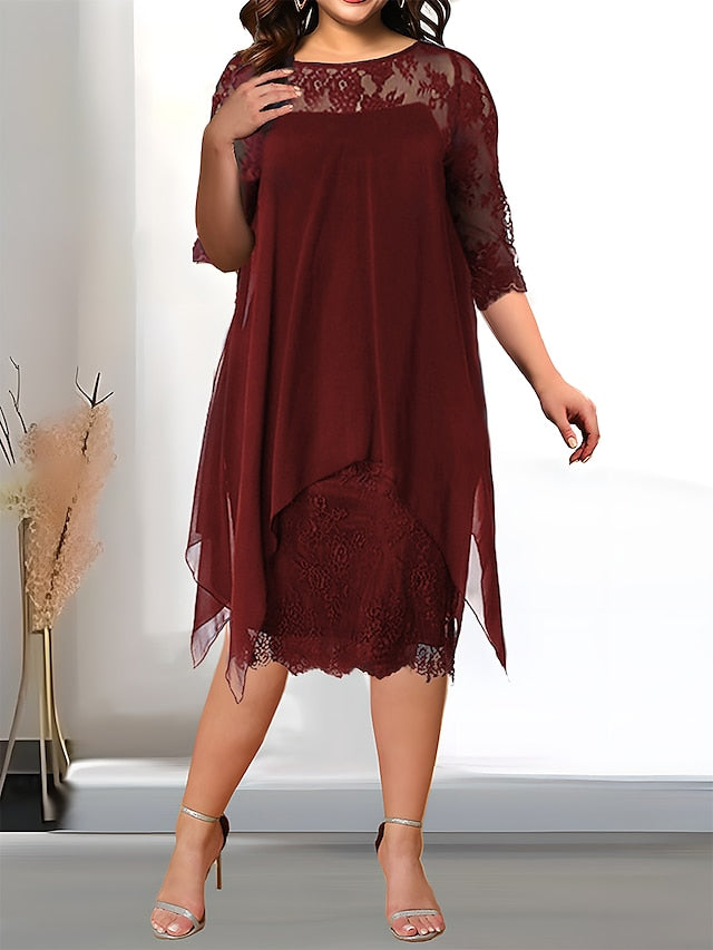 BerryBetty - Women's Plus Size Party Dress Solid Color Crew Neck Lace 3/4 Length Sleeve Spring Summer Casual Prom Dress Midi Dress Party Work Dress / Lace Dress / Homecoming Dress