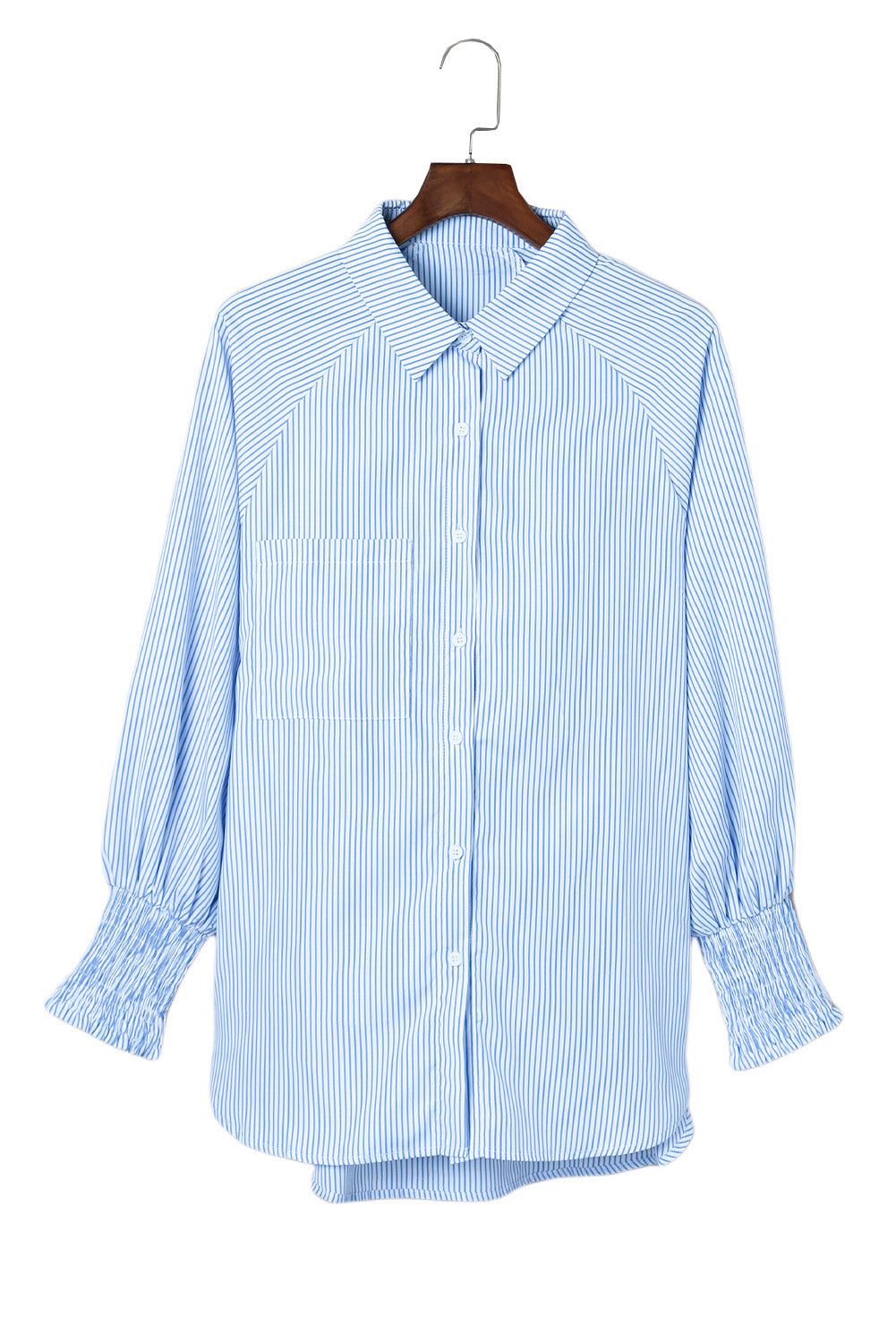 BerryBetty - Sky Blue Smocked Cuffed Striped Boyfriend Shirt with Pocket