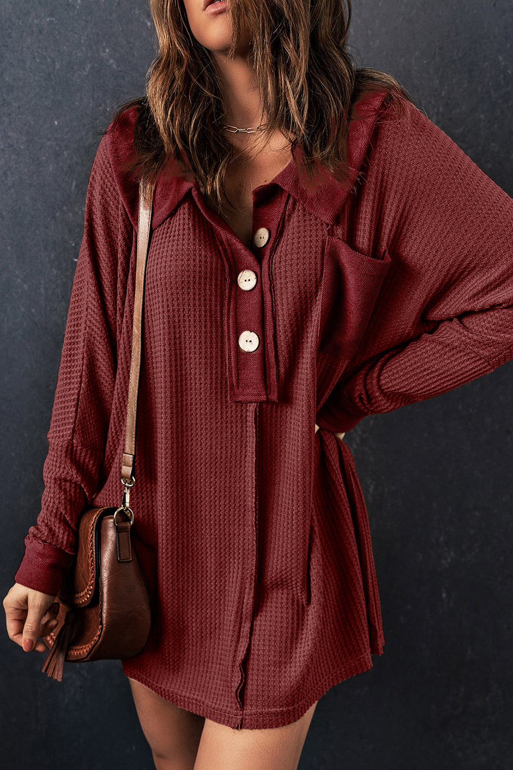 BerryBetty - Red Waffle Knit Buttoned Long Sleeve Top