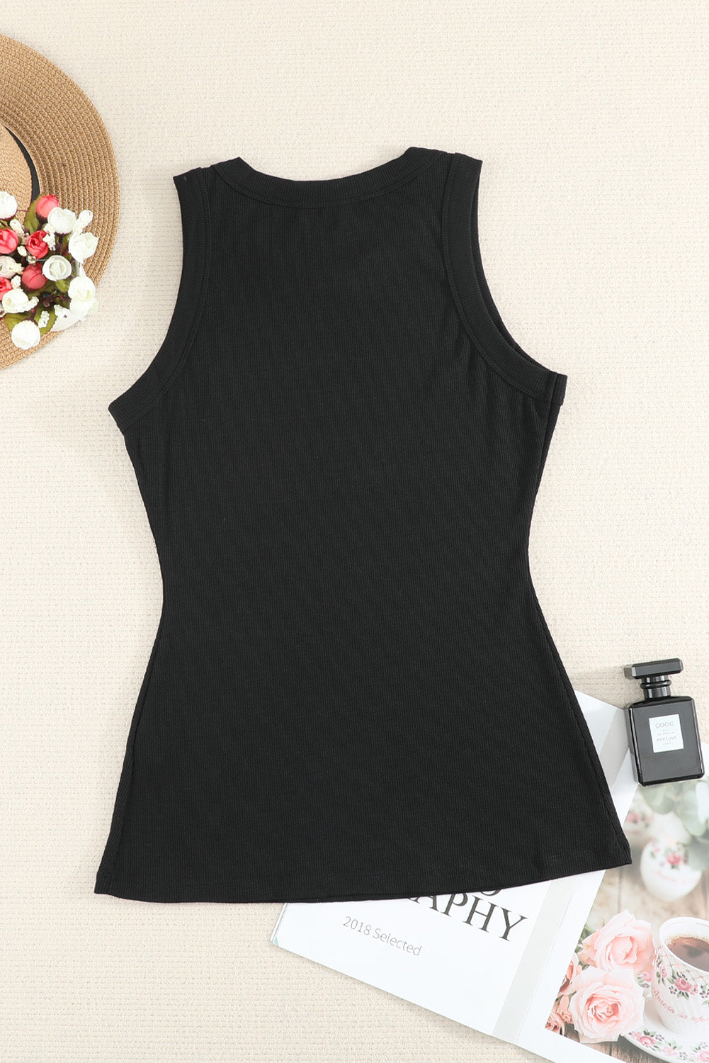 BerryBetty - Solid Black Round Neck Ribbed Tank Top