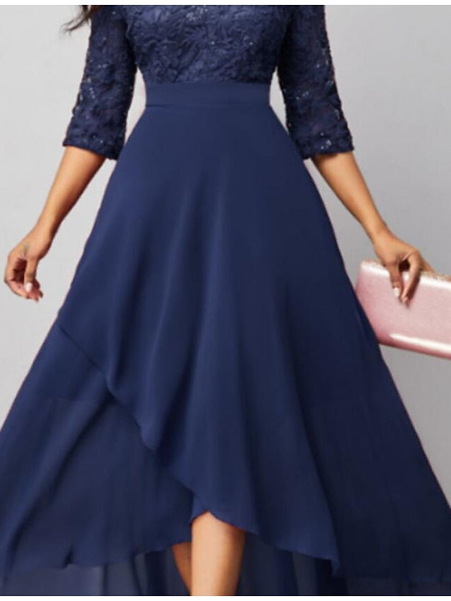 BerryBetty - Women‘s Formal Party Dress Maxi long Dress Navy Blue 3/4 Length Sleeve Print Pure Color Ruched Lace Fall Winter V Neck Elegant Fashion Modern 2024 3XL