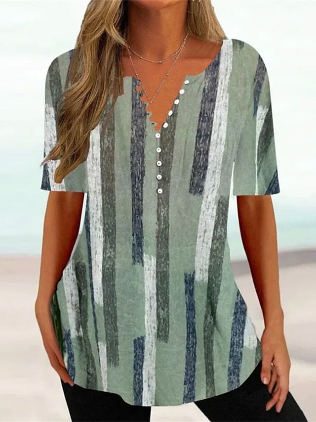 BerryBetty - Women's T shirt Tee Grass Green Light Green Red Floral Button Print Short Sleeve Holiday Weekend Tunic Basic Round Neck Regular Floral Painting S