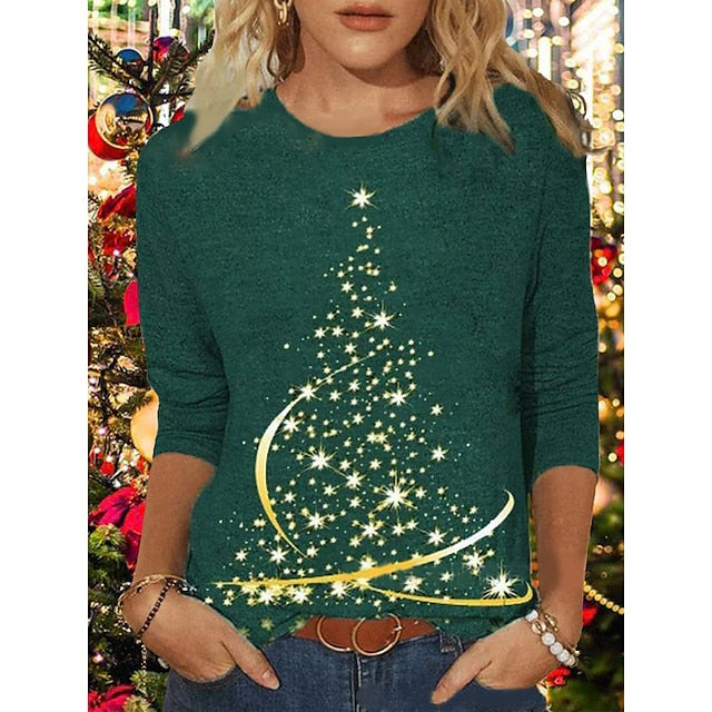 BerryBetty - Women's Shirt Dark Green Peacock Blue Brick red Christmas Tree Print Long Sleeve Christmas Holiday Casual Round Neck Regular Floral S